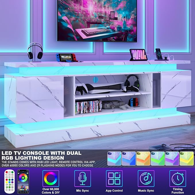 chartustriable 71IN LED TV Stands w/Power Outlet for 85/80/75 Inch TVs,High Glossy Modern Tall Entertainment Center TV Media Console Gaming with 2 Storage Cabinets,Dual LED Lights,White Marble - Image 5