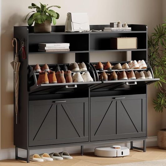 Shoe Cabinet with 4 Flip Drawers, Freestanding Hidden Shoe Storage Organizer for Entryway, Narrow Slim Shoe Rack Cabinet with Open Storage & Hooks for Front Door Entrance, Living Room, Hallway, Black by Xixini