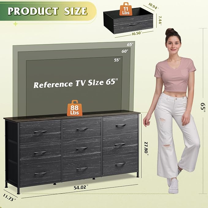 WLIVE 54''W Dresser for Bedroom, Black Dresser TV Stand for 55, 60, 65 inch TV, Wide Chest of Drawers with 9 Drawer, Large Entertainment Center, Fabric Dressers with Wood Top for Closet, Living Room - Image 3