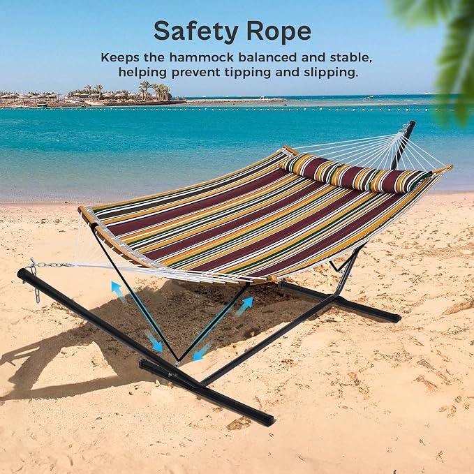 SUPERJARE Hammock with Stand, 2 Person Heavy Duty Hammock Frame, Detachable Pillow & Strong Curved-Bar & Portable Carrying Bag, Perfect for Outdoor & Indoor - Maple-Leaf Red - Image 5