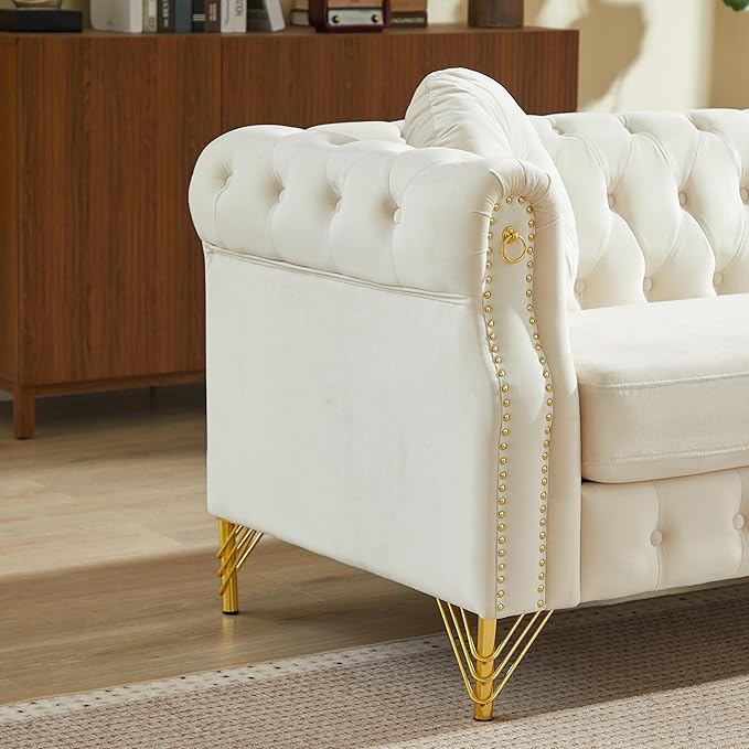 ERYE 82-Inch Button Tufted Sofa Couch with 2 Round Pillows, 3 Seat Velvet Tufted Sofa Spacious Chesterfield Loveseat Couches W/Nailhead Decor,Ring Accent & Golden Legs