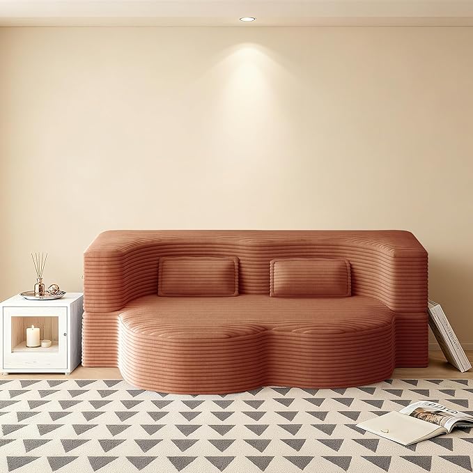 78" Convertible Sofa Bed, 2-in-1 Folding Floor Couch with 2 Pillows, Sleeper Sofa for Living Room and Bedroom, No Assembly Required (Orange, Corduroy Fabric)
