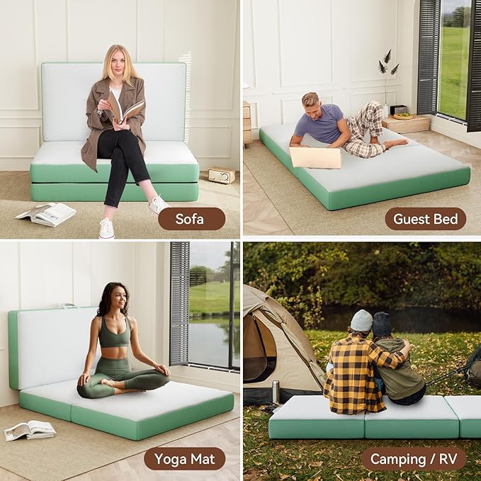 ROXGOX Memory Foam Trifold Mattress, Twin Portable Floor Bed 4 Inch, Foldable Mat with Washable Cover, Handle & Non-Slip Bottom, for RV, Travel, Camping, Yoga, 75"x38"x4", White Green