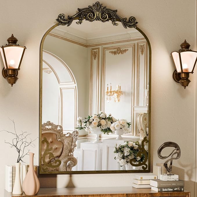 Koonmi Vintage Mirror, 30x40 Antique Decorative Mirrors with Flower Head, Bronze Ornate Mirror for Wall, Tempered Glass, Baroque Mirrors for Bathroom Living Room Fireplace Entryway by KOONMI