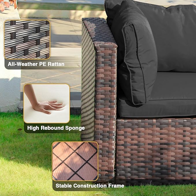 14 Pieces Patio Furniture Set with 44" Fire Pit Table, Rattan Outdoor Sectional Conversation Sets, All Weather Outdoor Furniture Set with Cushions for Garden Lawn Balcony Porch Deck Black