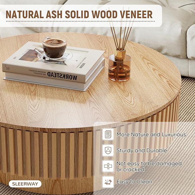 39.37'' Round Coffee Table with Storage, Modern Wooden Fluted Circle Coffee Table Oak Unique Drum Center Table Wood Circular Tea Table for Living Room, Office, Small Apartment, Natural Wood