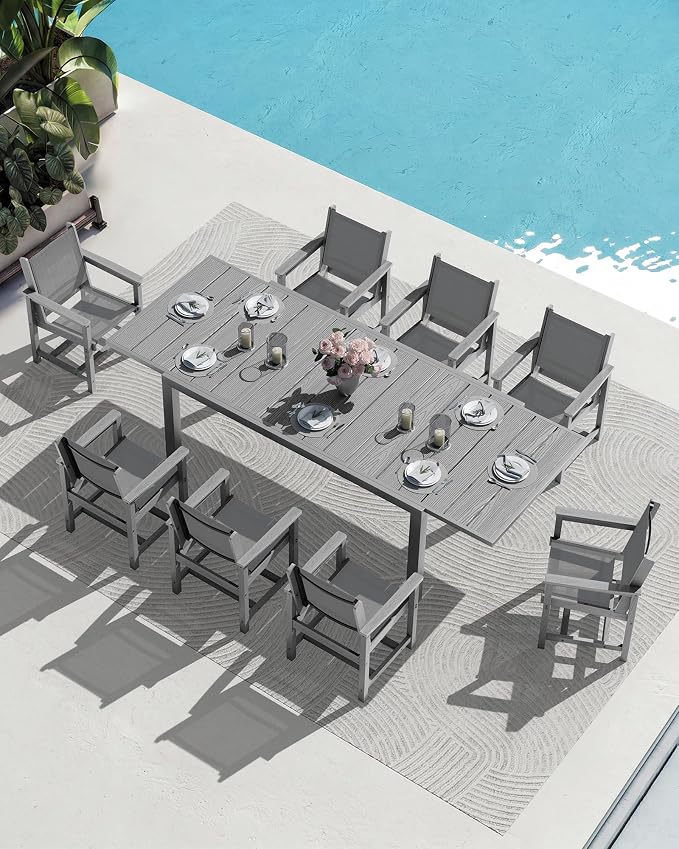 SERWALL 9-Piece Outdoor Dining Set, 60" - 83" Expandable Patio Dining Table with 8 Breathable Textilene Chairs, All Weather HDPE Patio Furniture Set, Grey - Image 9