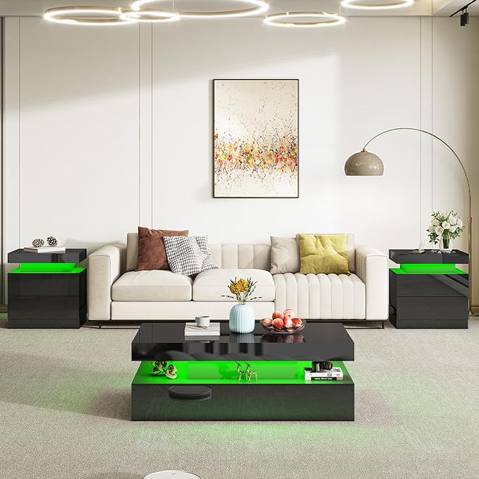 AMERLIFE High Gloss LED Coffee Table, Modern 2-Tier Center Table with LED Lights, Open Storage Space, 40in Simple Rectangular Sofa Side Table for Living Room, Black