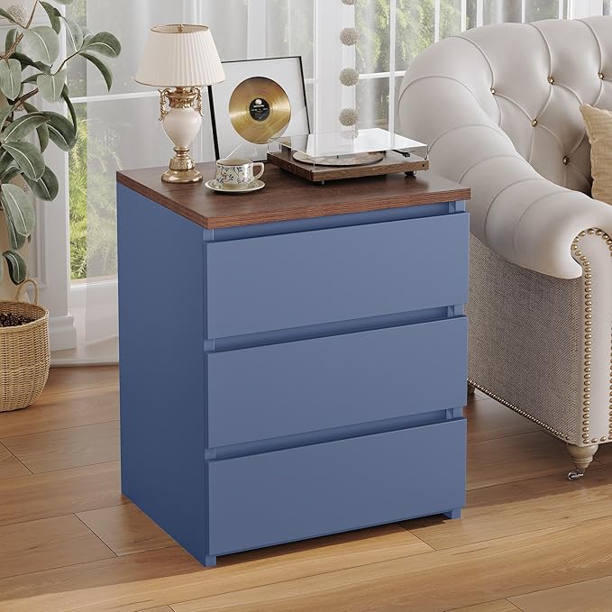 FOTOSOK Nightstand Set of 2 White Nightstand with 3 Drawers, White Bedside Table Night Stand for Bedroom with Cut-Out Handle, Sofa Side Table for Bedroom, Blue - Image 6