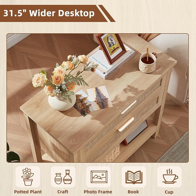 LEYAOYAO 31.5" Wide Rattan Night Stand, Oversized Large Boho Nightstand with 2 Drawer, Natural Wood Bed Side End Tables with Storage Shelf, Tall Bedside Table for Bedroom Living Room, Hallway - Image 4