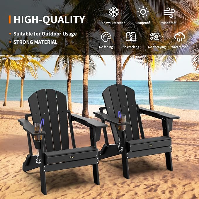 VINGLI Plastic Adirondack Chairs, Folding with Cup Holder, Waterproof HDPE Material, Comfortable 380lb Weight Capacity for Outdoor Pool Patio Lounge Chair Lawn Furniture Firepit (Black) - Image 4