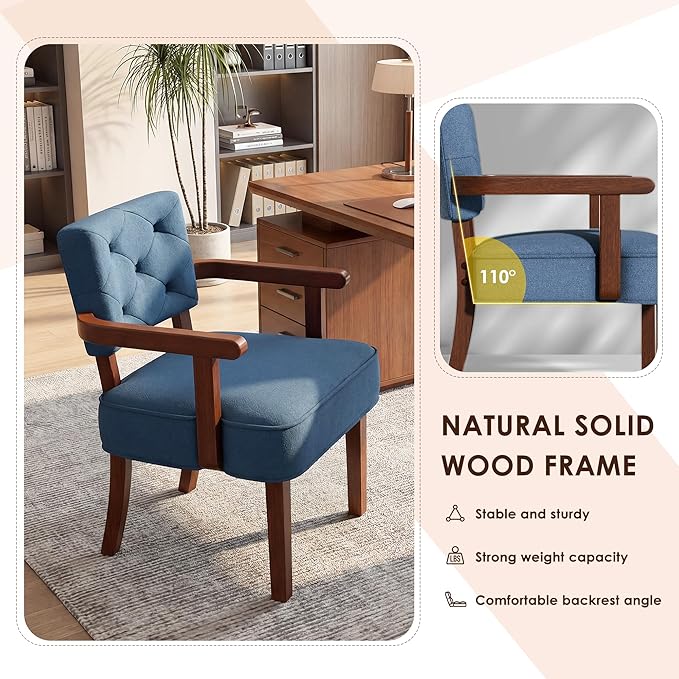 Modern Accent Chairs Set of 2,Butacas para Sala,Mid Century Small Arm Chair,Upholstered Wooden Chairs with Arm Rest,Tufted Backrest,Cushion, for Office,Waiting/Reading/Living Room, Navy Blue