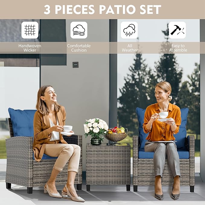 Vongrasig 3 Pieces Patio Furniture Set Small Outdoor Wicker Rattan Front Porch Bistro Set Cushioned Patio Chairs Conversation Set with Glass Table for Lawn, Garden, Backyard, Balcony, Blue