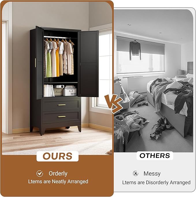 Steel Armoire Wardrobe Closet with 2 Drawers, 71" Metal Wardrobe Cabinet with Adjustable Shelves and Hanging Rod for Bedroom, Black Metal Clothing Storage Cabinets with 2 Doors