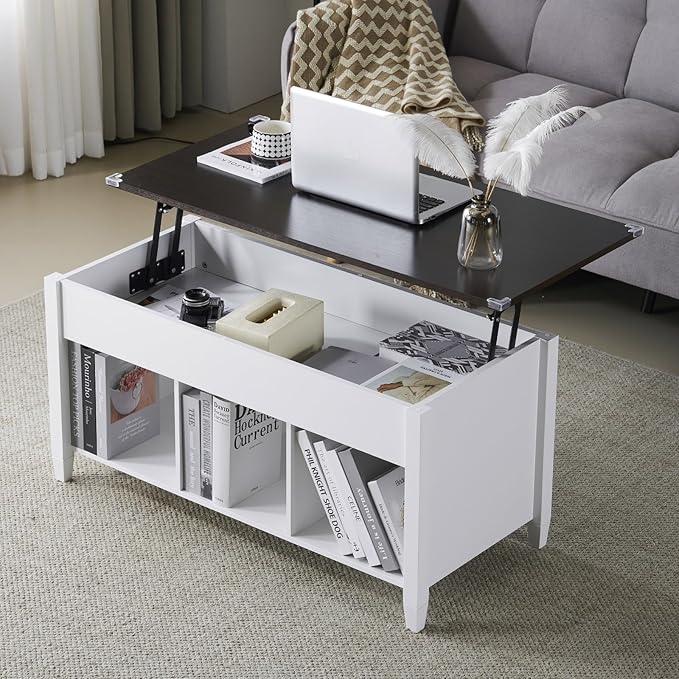 VINGLI Farmhouse Lift Top Coffee Table, Rustic Grey with Storage Shelf/Hidden Compartment, Mesa De Centro para Sala, Rustic Brown (White Brown, 40" L)