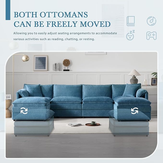 Merax 136" U-Shaped Chenille Modular Sectional Sofa, Oversized Cloud Couch Set with Double Cushions, 6-Seat with Movable Ottomans, Deep & Wide Seating, Blue