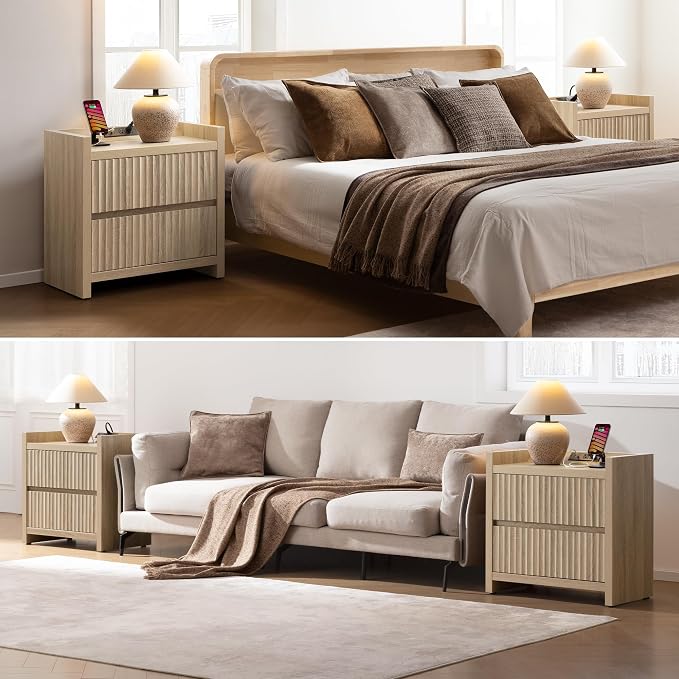 SICOTAS Night Stands Set of 2-Fluted Nightstands with Charging Station- Large Nightstand Bedside Table End Table with 2 Drawers, 25" Tall Mid Century Modern Night Stand for Bedroom, Sofa Side - Image 5