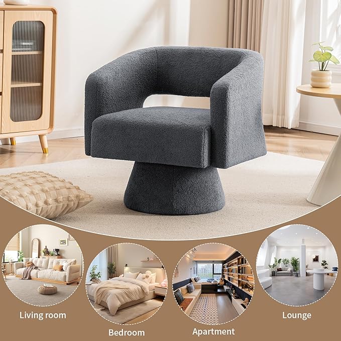 ClinQ Swivel Barrel Accent Chair, Oversized Teddy Upholstered Round Swivel Chairs Set of 1, Modern Luxury 360° Living Room Vanity Chair for Bedroom Office&Living Room, Grey
