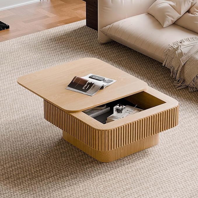 31.5'' Small Square Coffee Table with Storage, Fluted Coffee Table with Solid Wood Veneered, Mid Century Modern Wooden Center Table, Accent Tea Table for Small Space Living Room Apartment, Natural