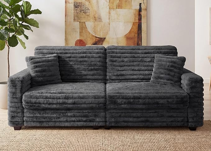 Plush Corduroy Loveseat Sofa, Fluffy Love Seat Sectional Couch, Oversized Deep Seat Sofa with 2 Pillows, Apartment and Small Space Sofas, Dark Grey