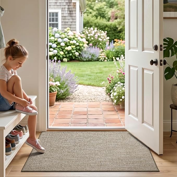 LUMI Ultra Thin Indoor Door Mat 24x36, Low Profile Entrance Mat, Non Slip Rubber Backing Dirt Trapper Doormat for Front Entryway, Khaki - Image 5