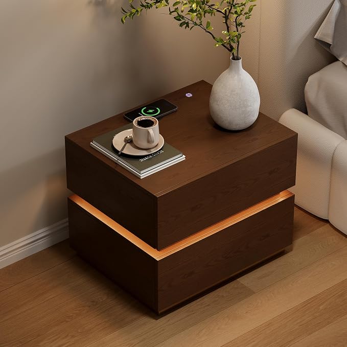 homary Smart Nightstand with Wireless Charging Station, USB & Type-C Ports, LED Light, 2 Drawers – Modern Walnut Bedside Table for Bedroom Storage by Homary