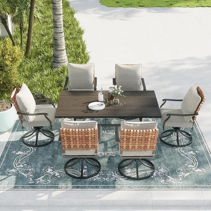 Grand patio 7-Piece Outdoor Dining Set, 6 Leather-Look Wicker Swivel Patio Chairs & 1 Rectangular Dining Table, Black - Image 2