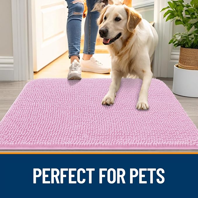 OLANLY Dog Door Mat for Muddy Paws 34x21, Absorbs Moisture and Dirt, Absorbent Non-Slip Washable Doormat, Quick Dry Chenille Mud Mat for Dogs, Entry Indoor Entryway Carpet for Inside Floor, Pink - Image 6
