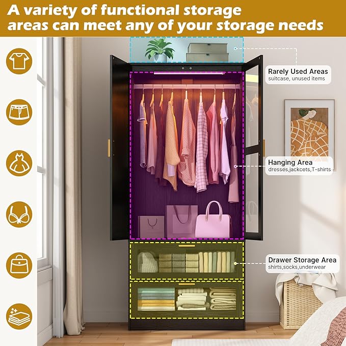 2 Doors Armoire Wardrobe Closet with LED and Mirror,71" H Freestanding Wooden Wardrobe Closet Cabinet for Bedroom w 2 Drawers,Wooden Clothing Storage Cabinet w Hanging Rod,Closets for Bedroom(Black)