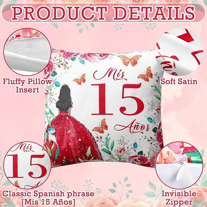 Kathfly Cojines para 15 Años De Quinceañera Decoration 16 x 16 Inche Red Quinceañera Pillow Gifts Mis Xv Años Throw Pillow Sweet for Daughter Sister Friend 15th Birthday Gifts