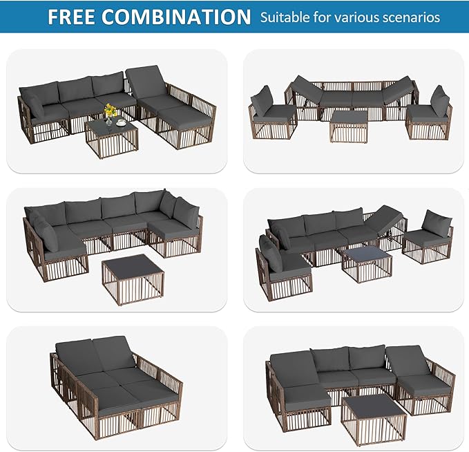 FHFO 7 Piece Patio Furniture Set, Outdoor Wicker Sectional Sofa Conversation Set Couch with Adjustable Backrest, Thick Cushion & Coffee Table for Garden, Porch, Poolside, Brown/Grey
