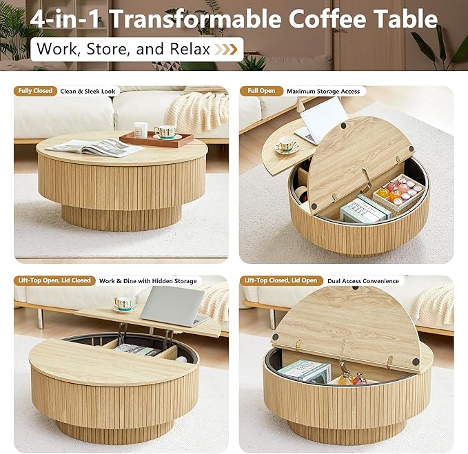 33" Round Coffee Table with Lift-Top & Flip-Top Storage, Modern Accent Fluted Coffee Tables with Metal Frame, Wooden Circle Center Table for Living Room Small Space Apartment Office (Natural)