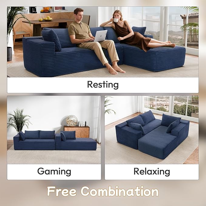 105" Cloud Sectional Couch with L-Shape Chaise,Modern Modular Sofa with Deep Seat, Fluffy Boneless Couches for Living Room Bedroom,No Assembly Required, Dark Blue (Plush Flannel Fabric)