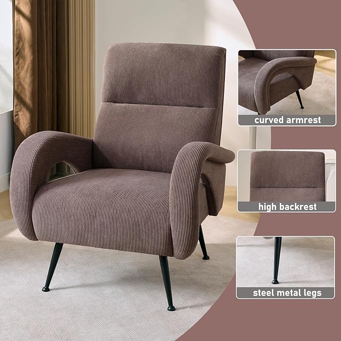 Corduroy Living Room Accent Chairs, Comfy High Back Reading Chair with Curved Arms and Solid Legs, Upholstered Armchair for Bedroom, Reading Nook, Apartment, Brown