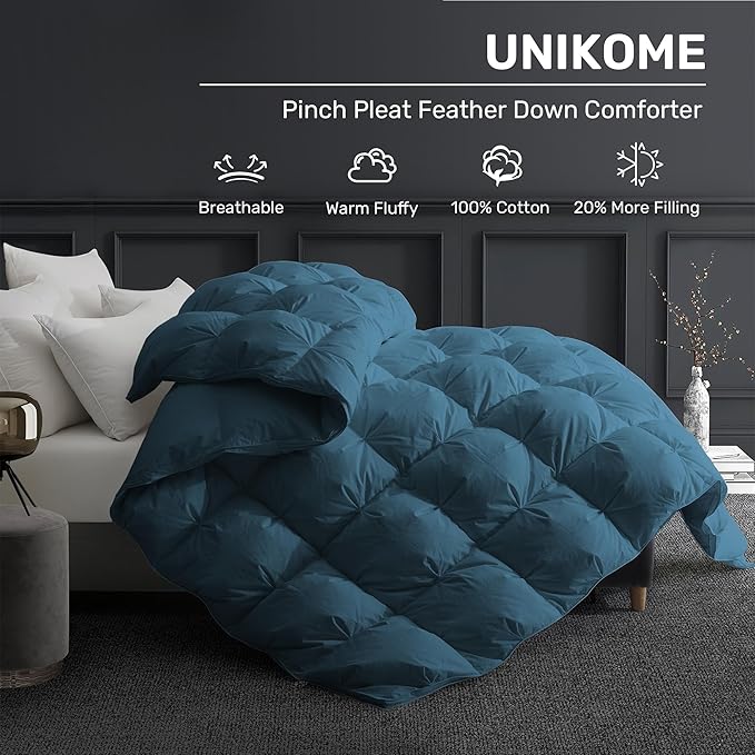 UNIKOME Goose Feather Down Comforter with Pinch Pleat Design - 20% Extra Fill, 116oz, All Season Duvet Insert with Cotton Cover, Cloud-Like Fluffiness Down Fiber Comforters (Navy, Cal King, 108"X94")