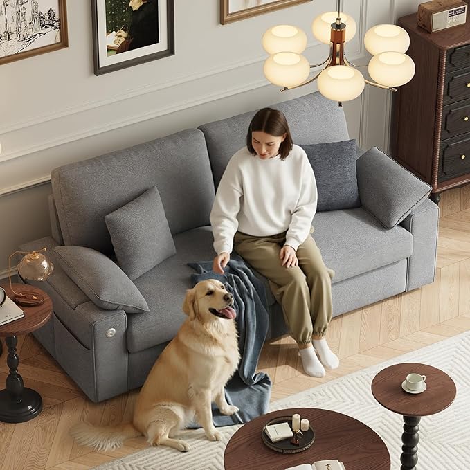 76" Loveseat Couch, 3 Seater Upholstered Midcentury Mondern Love Seat with USB Type C Ports, 4 Pillows and Storage Armrest Cloud Foam Sofa for Living Room/Small Spaces, Grey | Breathable material