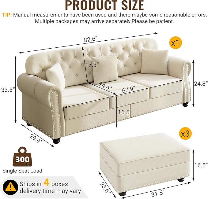 KEIKI 83" Velvet Chesterfield Sofa with Rolled Arms & Nailhead Trim & 3 Ottoman, Modern 3-Seater Button Tufted Couch with High Resilience Cushion & 3 Pillow, Easy Assembly, for Living Room, White