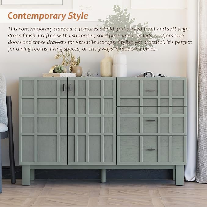 Aoikax Modern Sideboard Buffet Cabinet with 2 Doors & 3 Drawers, Minimalist Grid Carved Pine Front Storage Cabinet for Living Room, Kitchen, Ash Veneer Top, Metal Legs, Light Green - Image 3