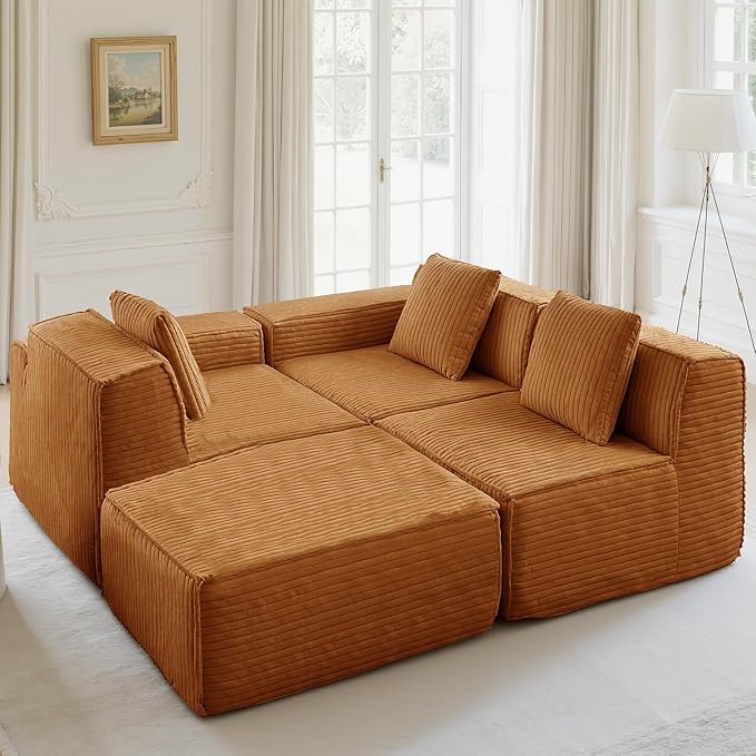 L-Shaped Corner Corduroy Sectional Sofa 4 Seat Modular Boneless Sofa Foam Cloud Couch with Movable Ottoman and Toss Pillows,Modern Deep Seat Convertible Chaise Sofa