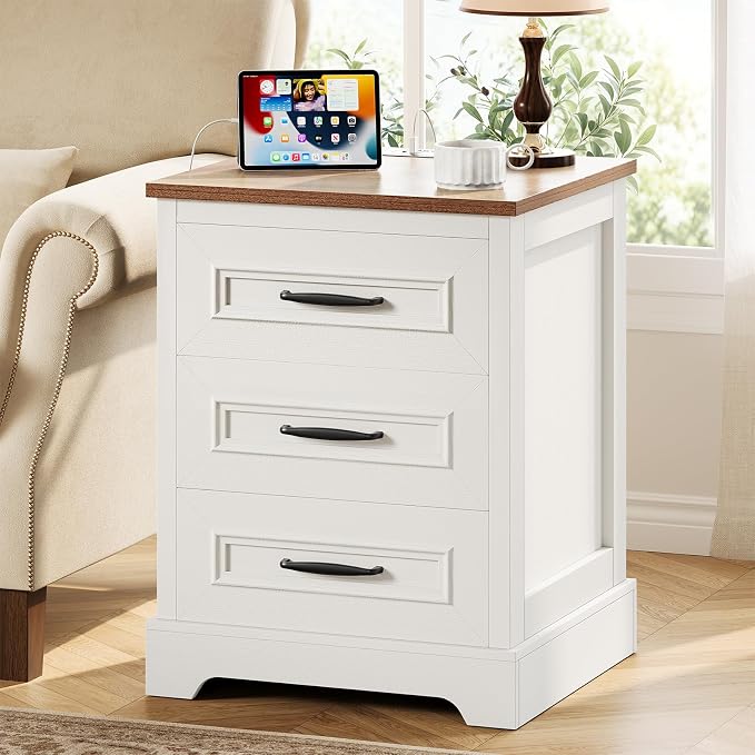 Farmhouse Nightstand with Charging Station, Wood Night Stand with 3 Drawers, Bedside Table, Nightstands with Storage, Rustic Night Stands for Bedroom, Closet, 18" Wide, 24" Tall by Curlaky