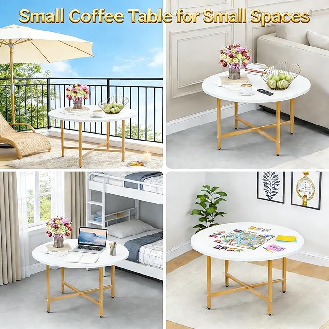 Coffee Table, 23.6" Coffee Tables for Living Room, Round Coffee Table with Metal Frame, Floor Table for Sitting on The Floor, Home, Office, White & Gold Legs