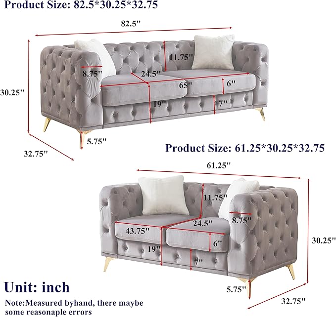 KEIKI 2-Piece Luxury Chesterfield Sofa Set with 1 Velvet 3-Seater Sofa & 1 Loveseat Sofa, Mid-Century 5-Seater Tufted Button Couch Set with 4 Pillow & High-Density Foam Cushion, for Living Room, Black