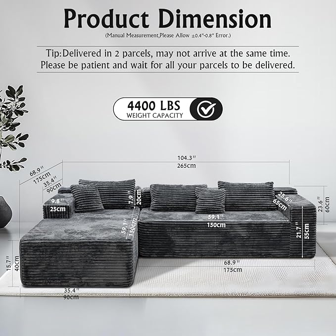 Grey sectional couches for Living Room-Corduroy Couch，104" Cloud Sectional Couch with L-Shape Chaise， Modern Modular Sofa, Deep Seat Comfort, No Assembly Required(Plush Corduroy Fabric)