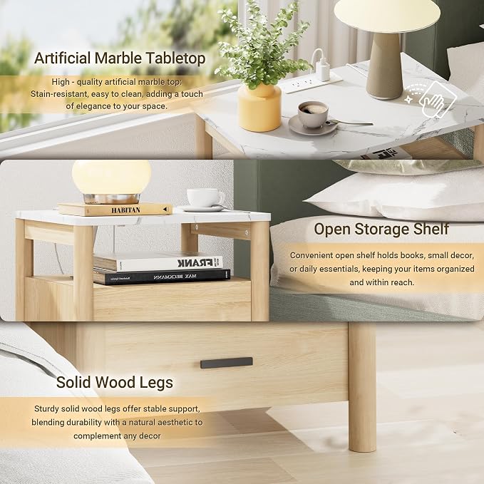 Night Stand, 20" Wide Nightstand, Modern Large Nightstand with Charging Station & Faux Marble Top, 2 Drawer End Table with Solid Round Post Legs, Bedside Table for Bedroom, Natural Oak - Image 4