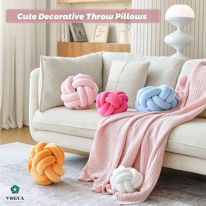 Knot Pillow Ball, Soft Decorative Throw Pillows, 11 Inch Round Plush Knotted Cushion Light Pink, Modern Home Decor for Bedroom, Sofa, Couch