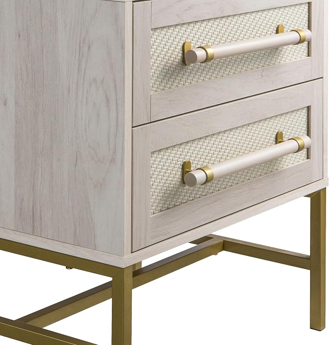Sophia 2-Drawer Nightstand in Sand Finish with Rattan Fronts, Elegant Gold-Tone Bar Pulls, and Slim Metallic Legs- Ideal Bedroom Furniture for Boho, Transitional, and Modern Interiors - Image 6