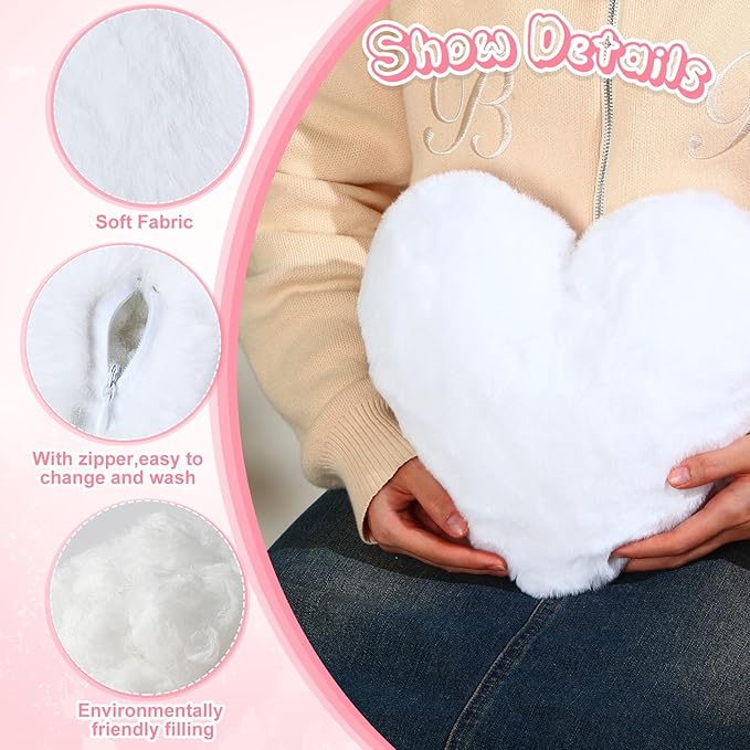 Marsui 2 Pcs Heart Throw Pillows, Soft Fluffy Faux Fur Decorative Hearts Shaped Pillows for Living Room Sofa Bed, Cute Heart Themed Gift for Women(White,11.81 x 11.02 Inch)