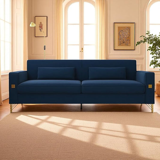 KEIKI 86" Oversized Luxury Velvet Sofa with Armrest and Removable Plush Cushions, Gold Accents 3-Seater Couch with Solid Legs, Easy Assembly, for Living Room, Bedroom, Apartment, Blue