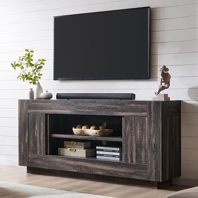 OKD Modern 70" TV Stand, Entertainment Center for TVs Up to 80", Media Console with Large Open Storage & Side Cabinets, Thick Wood Design for Living Room, Dark Rustic Oak by OKD