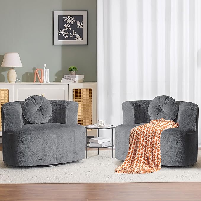 Oversized Swivel Accent Chair Set of 2, Modern Curved Back Single Sofa Chair, Comfy All-Foam Compression Upholstered Round Armchair with Pillow,Cozy Chenille Barrel Chair for Living Room(Dark Grey)